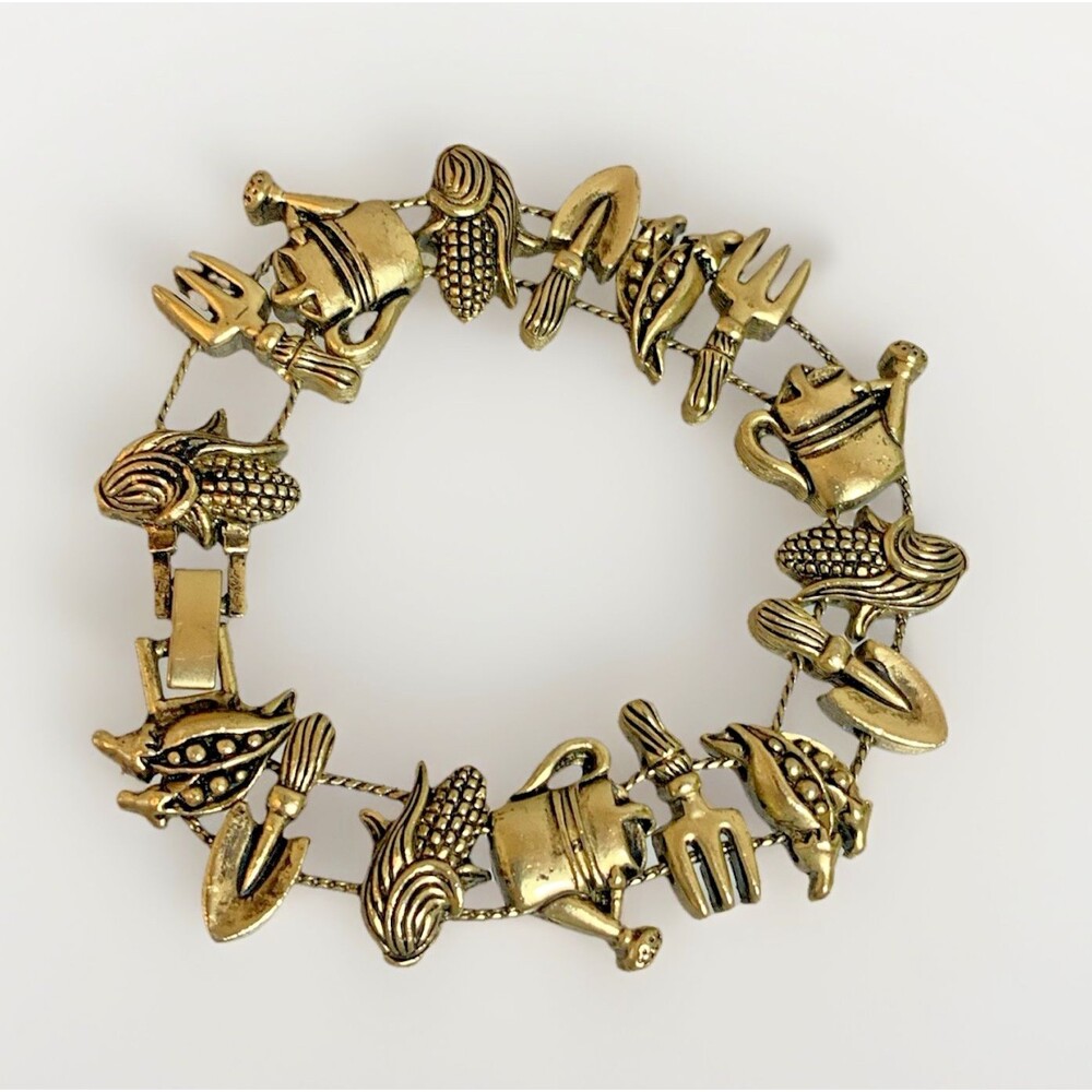 Vintage Gold Tone Gardening Slide Charm Bracelet Vegetable Harvest Garden Theme